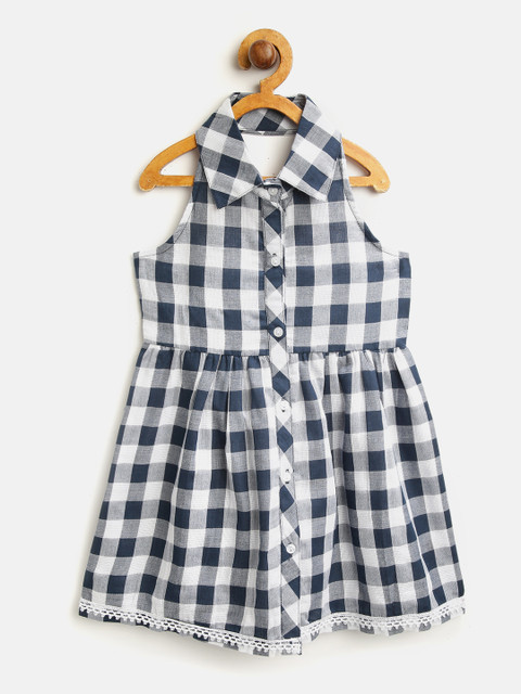 

pspeaches Girls Navy Blue & White Checked A-Line Dress