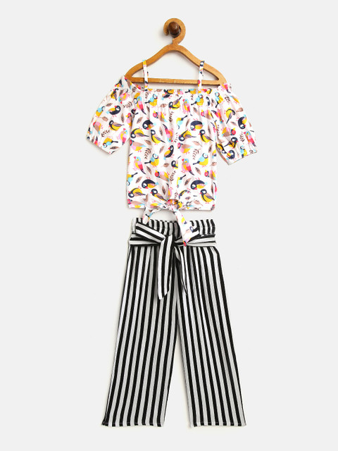 

pspeaches Girls White & Black Printed Top with Striped Trousers