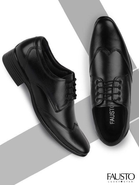 

FASUTO Men Black Solid Leather Formal Semi Brogues