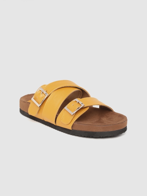 

Roadster Women Mustard Yellow Solid Open Toe Flats with Buckles & Criss-Cross Detail