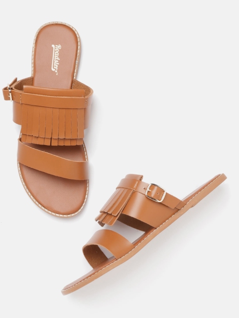 

Roadster Women Tan Brown Fringed Open Toe Flats