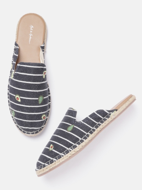 

Mast & Harbour Women Navy Blue & White Striped Espadrilles Mules