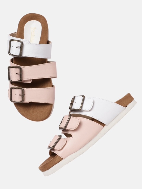 

Roadster Women Peach-Coloured & White Colourblocked Open Toe Flats with Buckles
