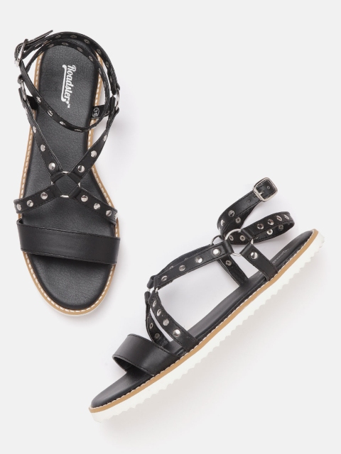 

Roadster Women Black & Silver-Toned Studded Open Toe Flats