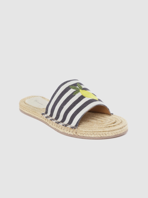 

Mast & Harbour Women Navy Blue & White Striped Embroidered Open Toe Flats