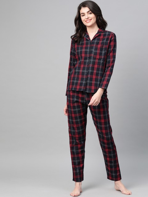 

DRAPE IN VOGUE Women Navy Blue & Pink Checked Nightsuit