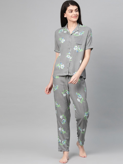 

DRAPE IN VOGUE Women Grey & Green Printed Night Suit