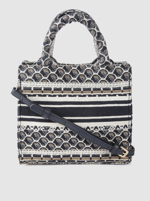 

MANGO Navy Blue & Off-White Self-Design Handheld Bag with Detachable Sling Strap