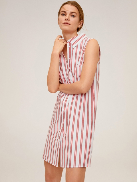 

MANGO White & Red Button Down Candy Stripe Dress Shirt Dress
