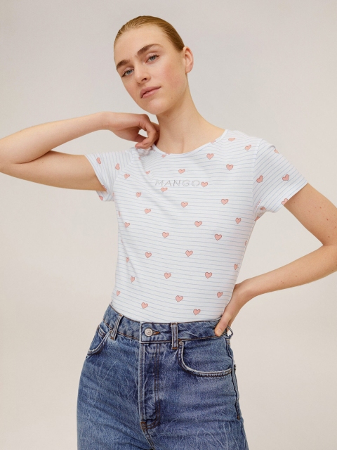 

MANGO Women White & Orange Striped Round Neck T-shirt
