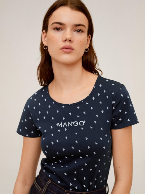 

MANGO Women Navy Blue & White Printed Round Neck T-shirt