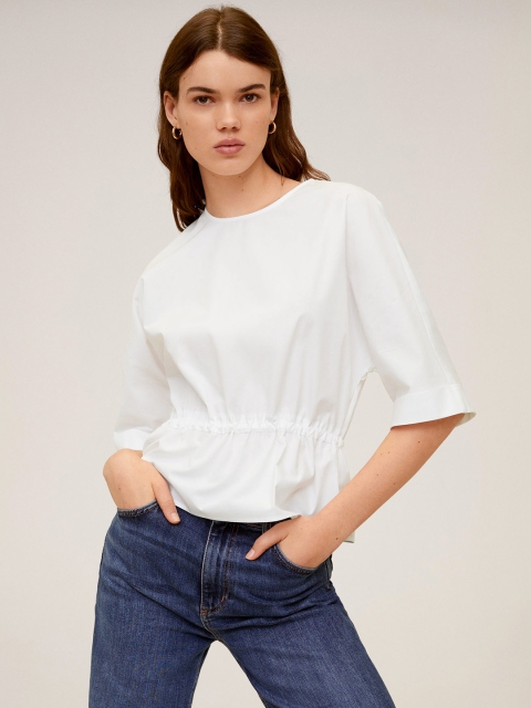 

MANGO Women White Solid Cinched Waist Pure Cotton Top