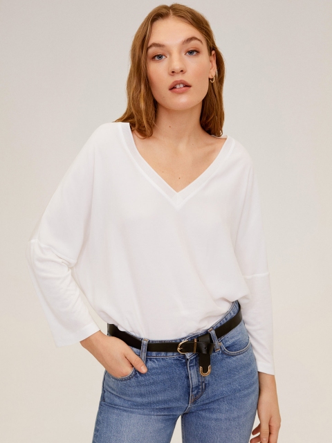 

MANGO Women White Solid V-Neck T-shirt