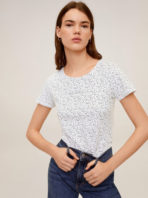 

MANGO Women White & Black Printed Round Neck T-shirt