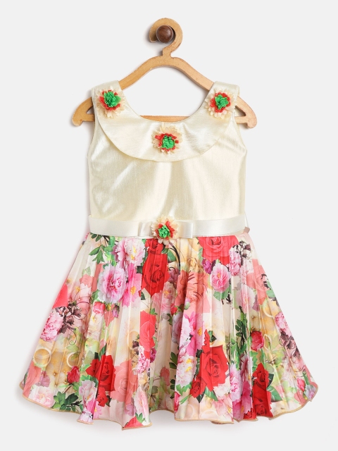 

JBN Creation Girls Cream-Coloured & Red Floral Print Satin Finish Fit & Flare Dress