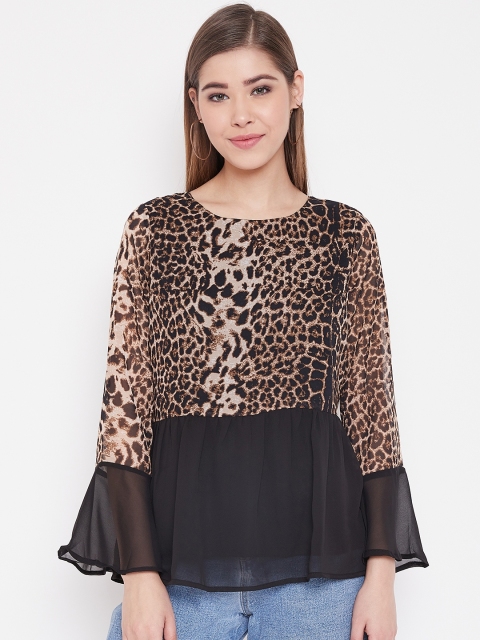

NEEDLE WORKS Women Black & Brown Animal Print Semi Sheer A-Line Top