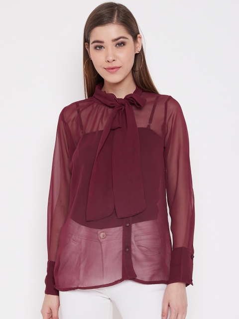 

NEEDLE WORKS Women Burgundy Sheer Shirt Style Top