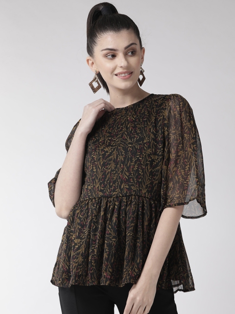 

plusS Women Black & Olive Green Floral Printed A-Line Top