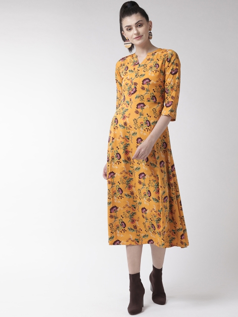 

plusS Women Mustard Yellow & Green Floral Printed A-Line Dress