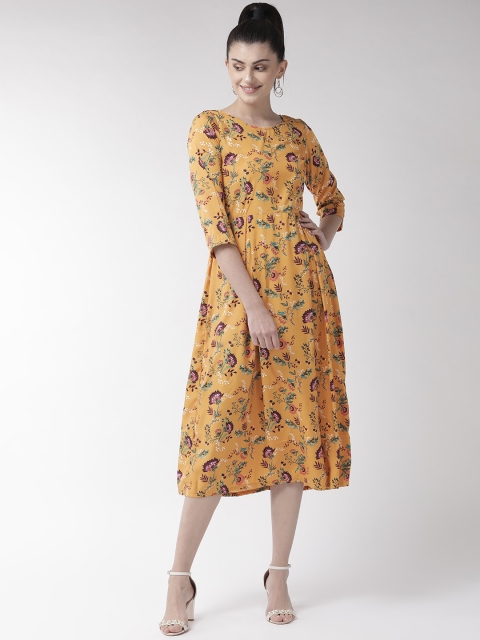 

plusS Women Mustard Yellow & Green Floral Printed A-Line Dress