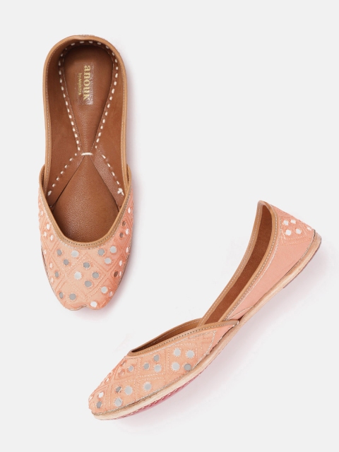 Women Peach-Coloured Woven Design Mojaris With Mirror Work Detail