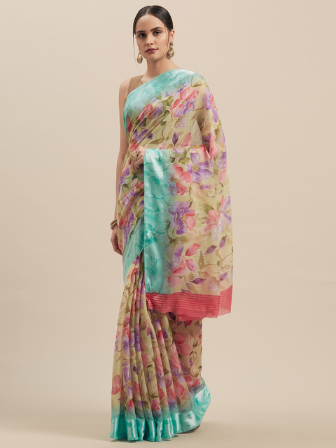 

Nanda Silk Mills Sea Green & Pink Cotton Blend Printed Saree