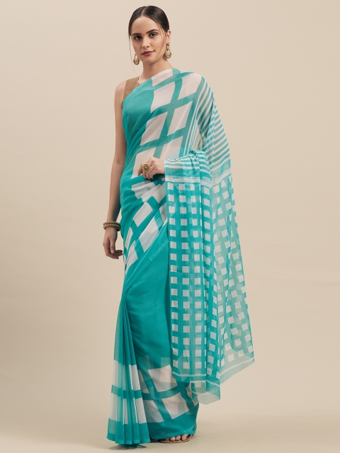 

Nanda Silk Mills Turquoise Blue & White Cotton Blend Checked Saree
