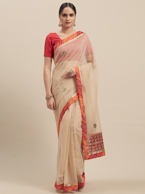 

Nanda Silk Mills Beige Solid Gotta Patti Supernet Saree