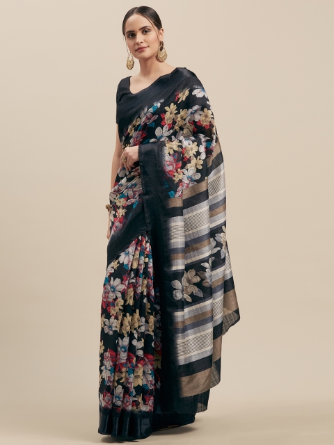 

GoSriKi Black Linen Blend Printed Chanderi Saree