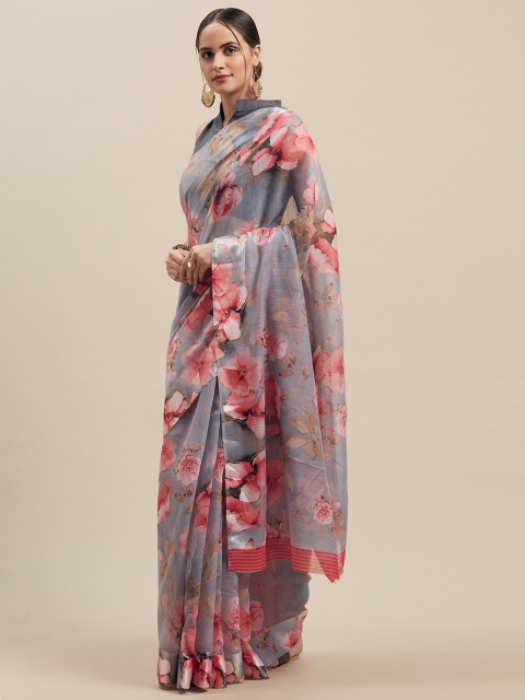 

GoSriKi Silver-Toned Linen Blend Printed Chanderi Saree