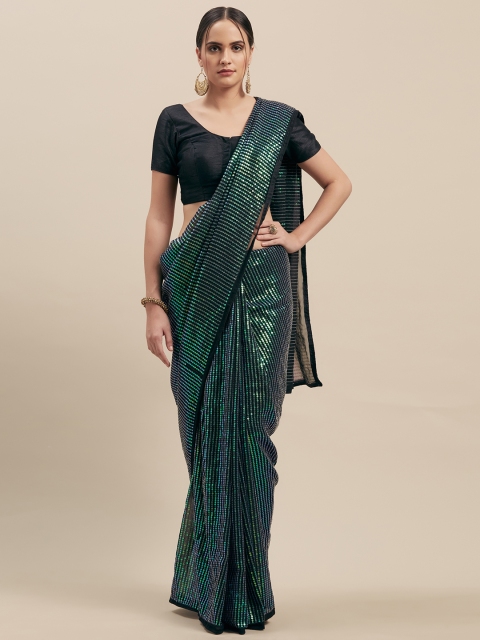 

GoSriKi Black & Green Sequin Embellished Poly Georgette Saree
