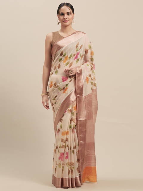 

GoSriKi Beige Linen Blend Printed Chanderi Saree