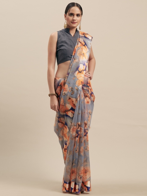 

GoSriKi Silver-Toned & Blue Linen Blend Printed Chanderi Saree
