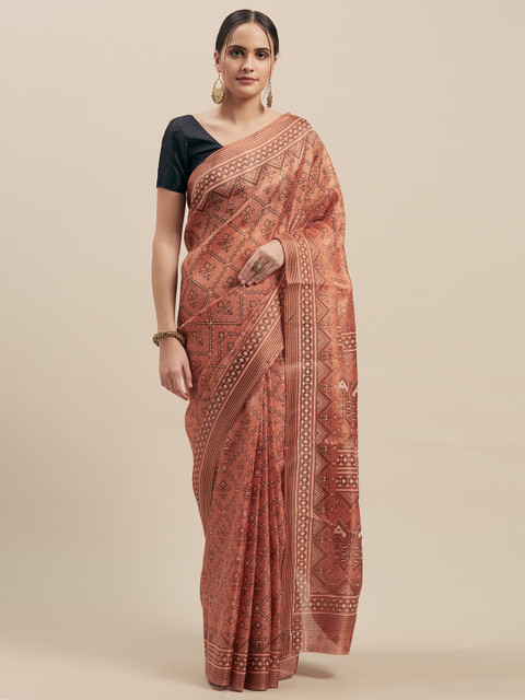 

GoSriKi Peach-Coloured Art Silk Printed Khadi Saree
