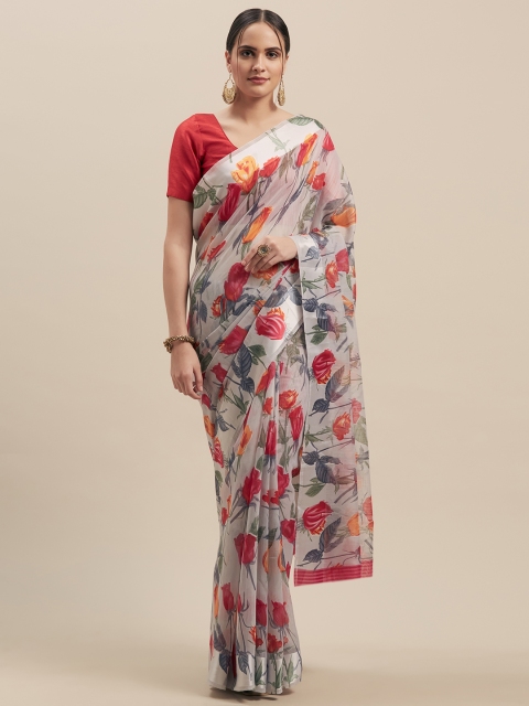 

GoSriKi Silver-Toned & Pink Linen Blend Printed Chanderi Saree