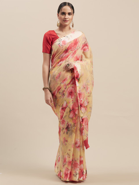 

GoSriKi Yellow & Red Linen Blend Printed Chanderi Saree