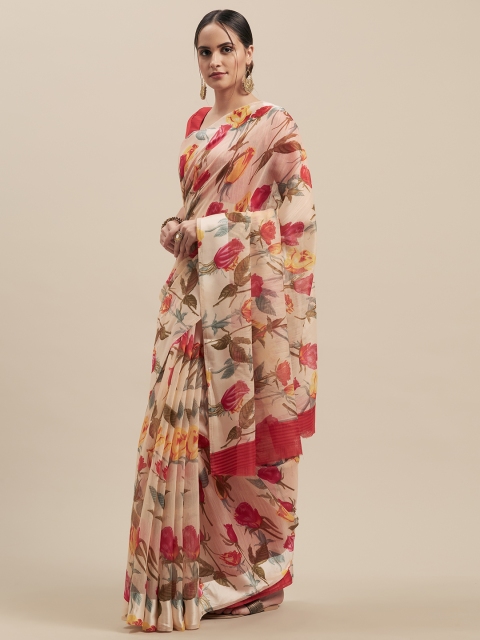 

GoSriKi Peach-Coloured & Pink Linen Blend Printed Chanderi Saree