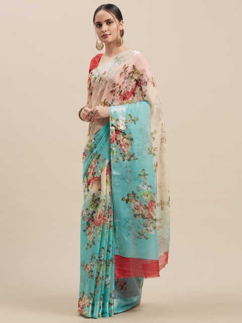 

GoSriKi Sea Green & Cream-Coloured Linen Blend Printed Chanderi Saree