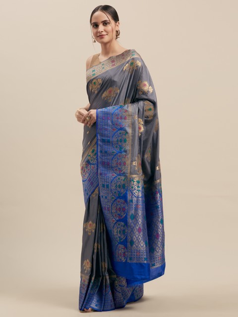 

GoSriKi Grey & Gold-Toned Silk Blend Woven Design Banarasi Saree
