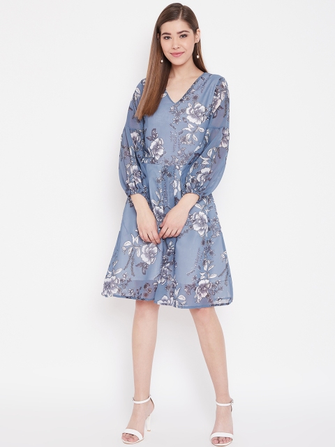 

NEEDLE WORKS Women Blue & White Floral Printed A-Line Dress