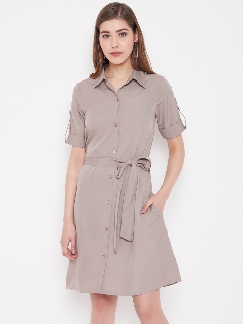 

NEEDLE WORKS Women Taupe Solid Shirt Dress