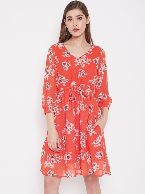 

NEEDLE WORKS Women Orange & Off-White Floral Printed A-Line Dress