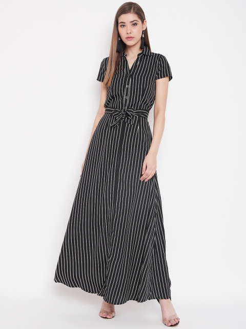 

NEEDLE WORKS Women Black & White Striped Maxi Dress