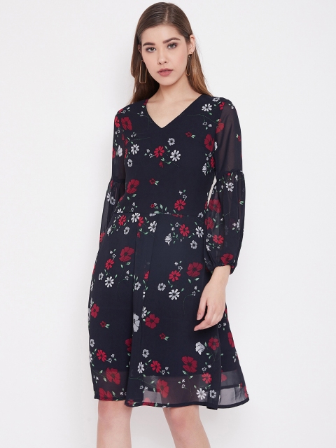 

NEEDLE WORKS Women Navy Blue & Red Floral Printed Fit and Flare Dress