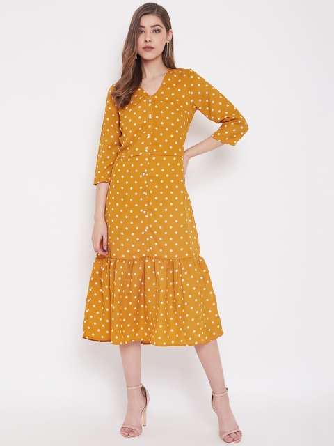 

NEEDLE WORKS Women Mustard Yellow & White Polka Dot Print A-Line Dress