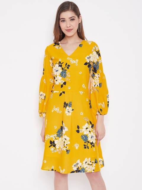 

NEEDLE WORKS Women Mustard Yellow & Off-White Floral Print A-Line Dress