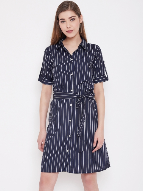 

NEEDLE WORKS Women Navy Blue & White Striped Shirt Dress