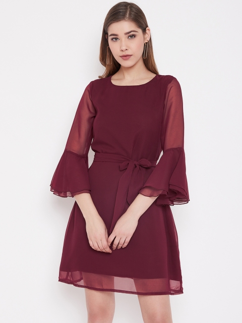 

NEEDLE WORKS Women Maroon Solid Semi-Sheer A-Line Dress