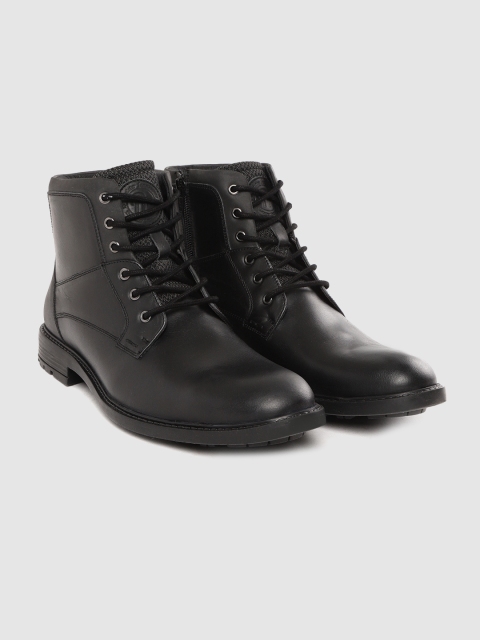 

Roadster Men Black Solid Leather Mid-Top Flat Boots