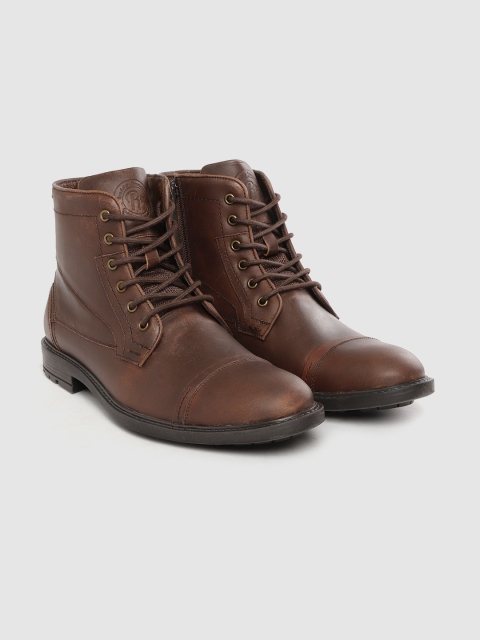 

Roadster Men Brown Solid Leather Mid-Top Flat Boots